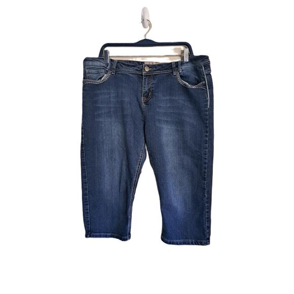 Apollo Womens Blue Denim Capri Jeans Indigo Wash Embellished Pockets - Picture 1 of 9